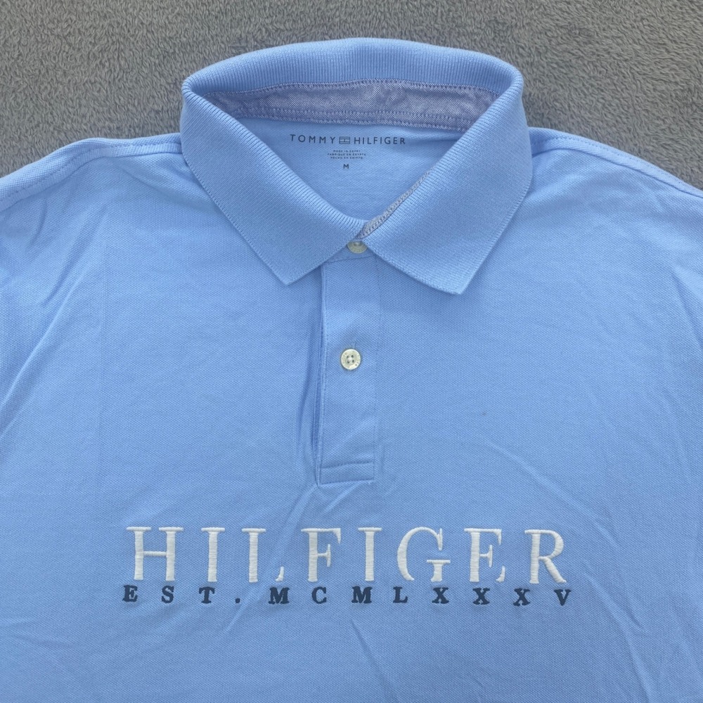 Tommy Hilfiger Polo Shirt Mens Medium Blue Short Sleeve Embroidered MCMLXXXV